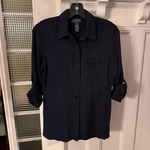 Ralph Lauren Women’s Button Up SILK Shirt Navy Blue Roll Tab Sleeves Sz 4P - Picture 9 of 9